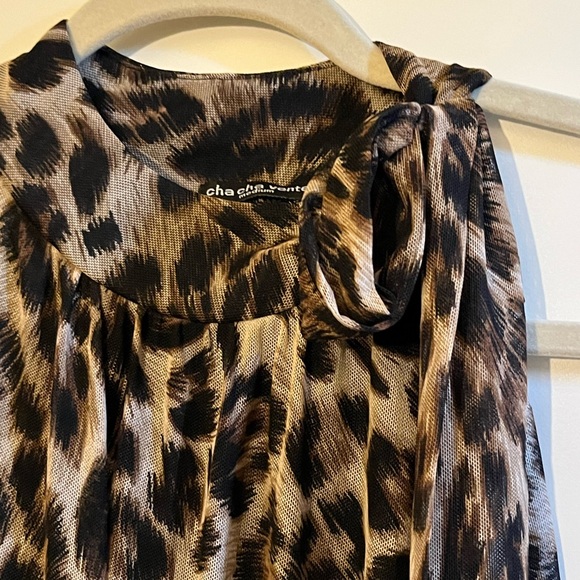Cheetah Print High Neck Tie Bow Sleeveless Top with Elastic Bottom, Size Medium - Picture 2 of 7
